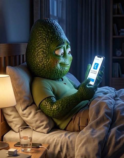 O Abacatudo na cama, sorrindo e mexendo no app