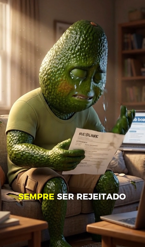 O Abacatudo chorando no sofá com o currículo rasgado